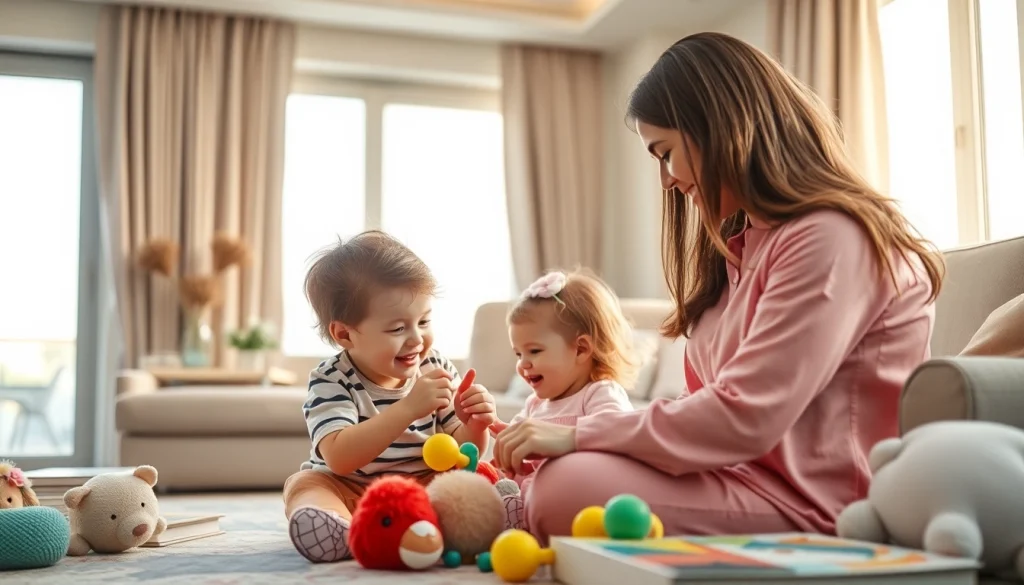 Highlighting nanny visa processing in Dubai with a caring nanny engaging a child in a bright setting.