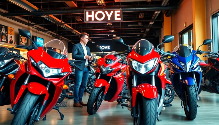 Verkauf von gebrauchte motorräder kaufen in einem lebhaften Motorradgeschäft mit freundlichem Personal.