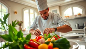Private chef St Martin showcasing culinary skills with fresh ingredients in a luxurious setting