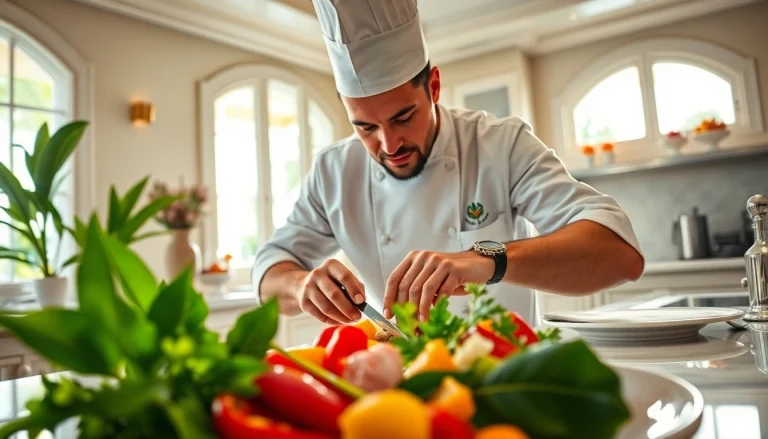 Private chef St Martin showcasing culinary skills with fresh ingredients in a luxurious setting