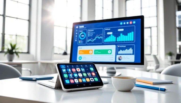 View of a cheap smm panel dashboard on a computer screen with vibrant social media icons.