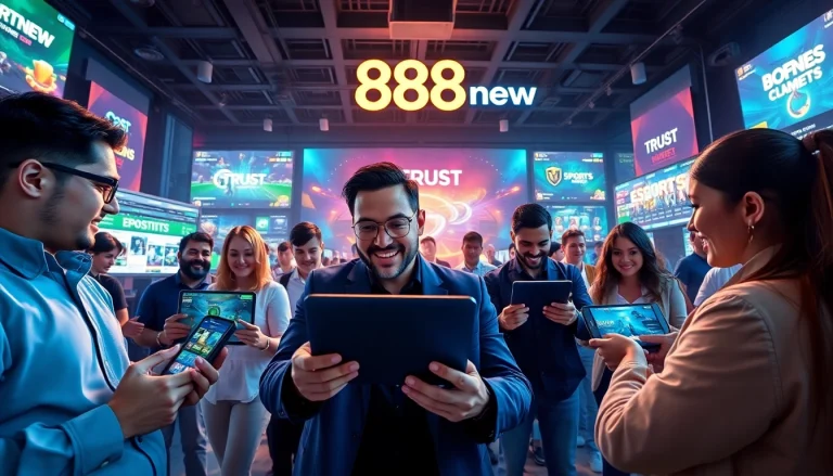 Dynamic scene of players enjoying 888new online gaming platform, showcasing vibrant games and secure experience.