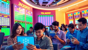 Menggambarkan pemain toto togel yang bersemangat saat bermain di platform digital.