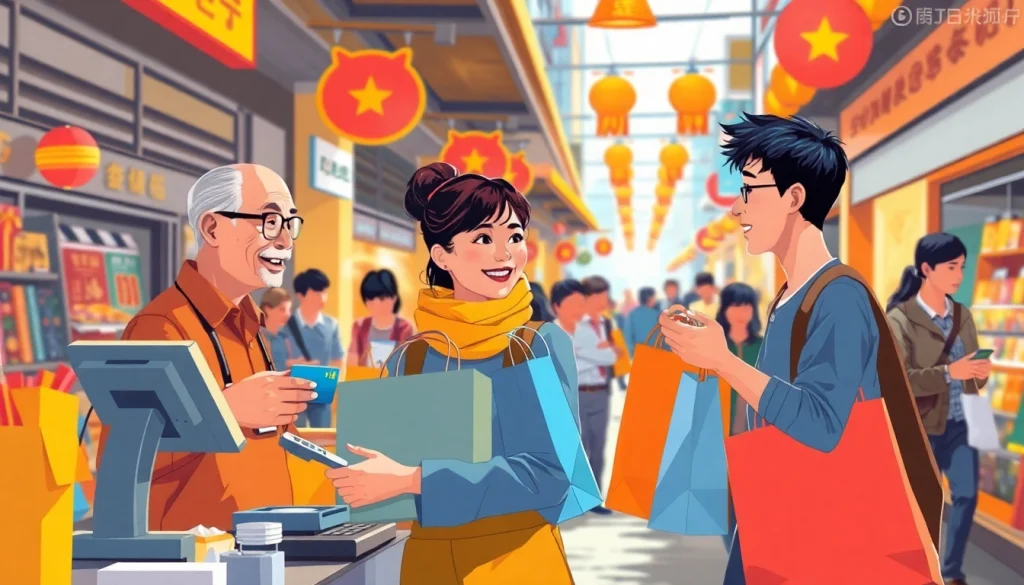 카드깡을 통한 현금융통 과정이 있는 시장의 활기찬 장면