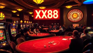 Experience the thrill of gambling at the electrifying XX88 casino floor, where players engage at poker tables, slot machines, and roulette wheels.