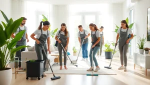 Provide professional cleaning service in a bright, organized living room with a team of cleaners.