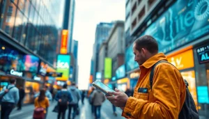 Showcasing smart technology's impact, highlighting https://mohamedmmblog.tech in a vibrant urban scene.