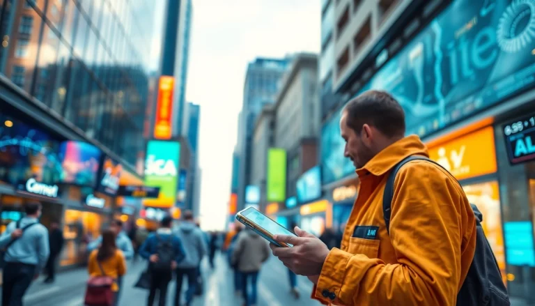 Showcasing smart technology's impact, highlighting https://mohamedmmblog.tech in a vibrant urban scene.