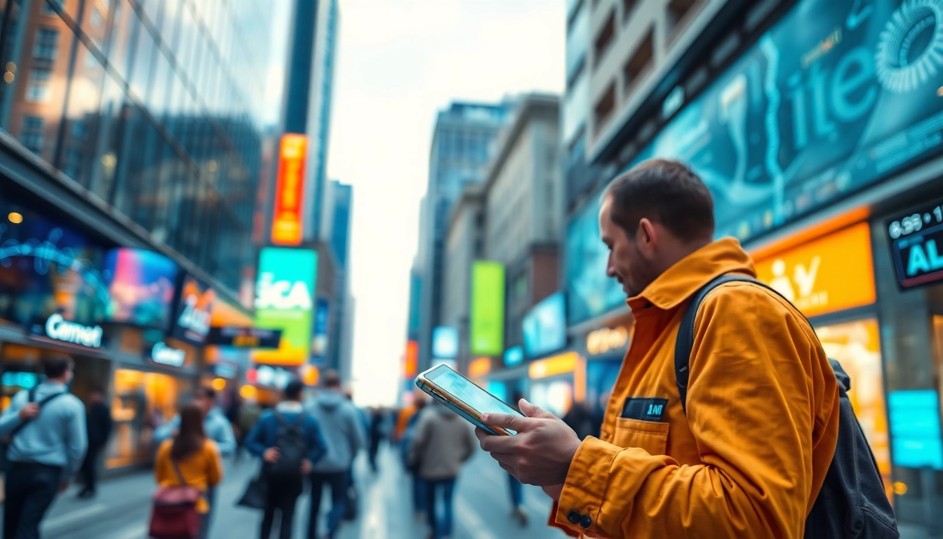 Showcasing smart technology's impact, highlighting https://mohamedmmblog.tech in a vibrant urban scene.