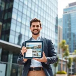 Showcasing real estate agent in urban setting with modern office, conveying professional atmosphere.