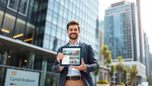 Showcasing real estate agent in urban setting with modern office, conveying professional atmosphere.