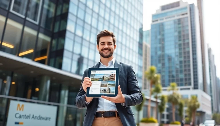 Showcasing real estate agent in urban setting with modern office, conveying professional atmosphere.