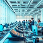 Engaging modern workspace showcasing technology advancements with professionals collaborating.