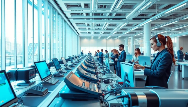 Engaging modern workspace showcasing technology advancements with professionals collaborating.