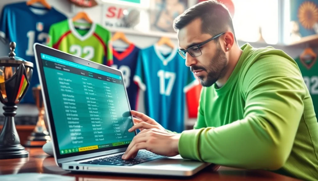 Engaged bettor analyzing the best sportsbooks in Brazil with vibrant sports memorabilia around.
