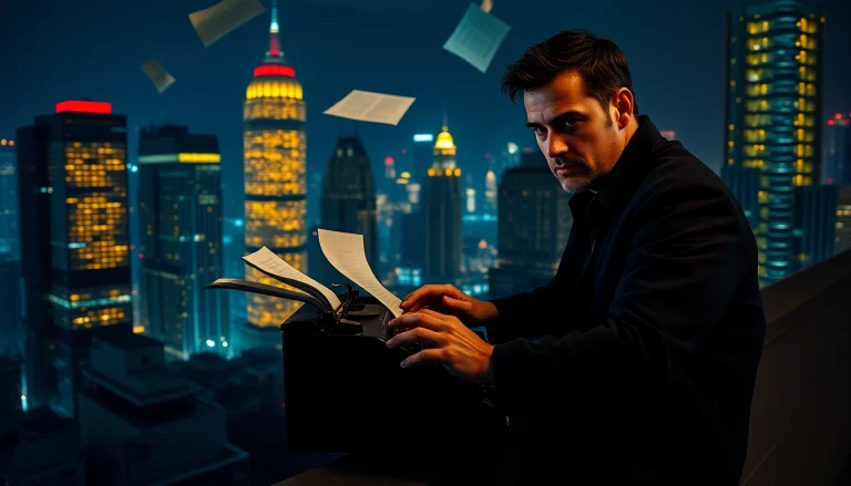 Action thriller author creating gripping stories in a dramatic city setting.