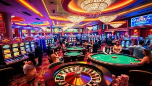 Casino gaming scene featuring KJC brand elements, showcasing vibrant tables and exciting players.