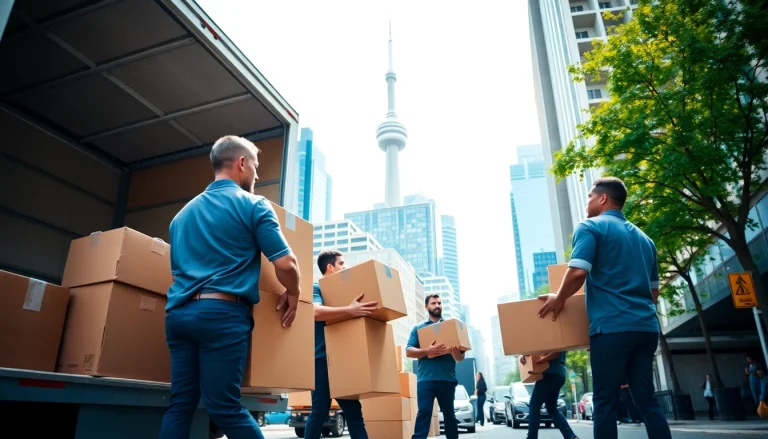 Toronto moving company team loading boxes into a truck with Toronto skyline in background.