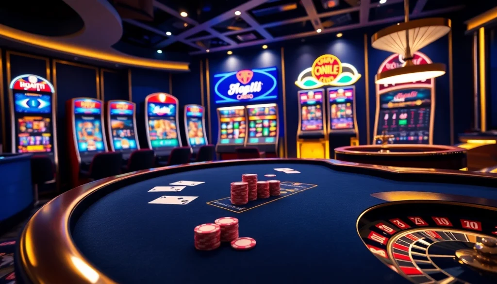 Players enjoying Bugatti8 at a luxurious casino with poker tables and slot machines.