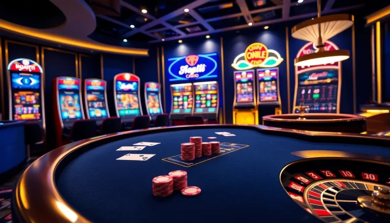 Players enjoying Bugatti8 at a luxurious casino with poker tables and slot machines.