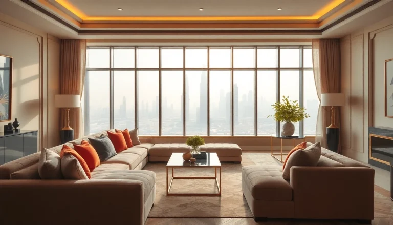 Elegant living room showcasing interior design dubai's luxurious style.