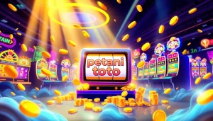 Menampilkan petani toto dengan mesin slot yang menarik dan suasana ceria untuk menarik perhatian pemain.