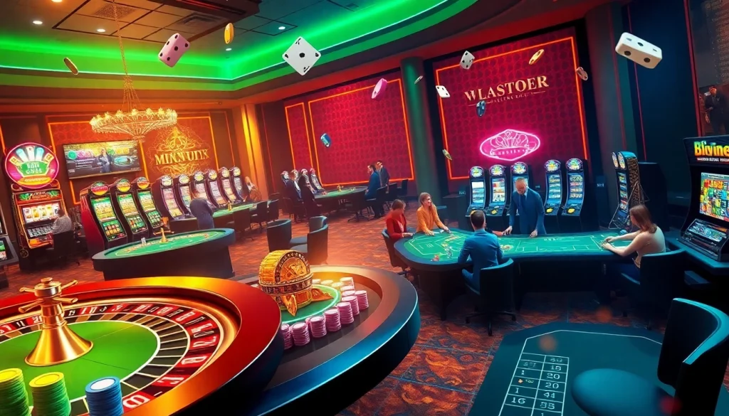 Players enjoying thrilling games at 67bet casino, showcasing excitement with vibrant roulette wheels and poker tables.