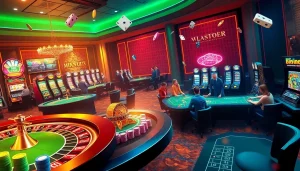 Players enjoying thrilling games at 67bet casino, showcasing excitement with vibrant roulette wheels and poker tables.