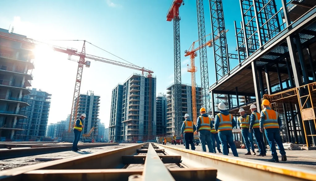 Workers executing structural steel installation on-site, showcasing teamwork and expertise with cranes and beams.