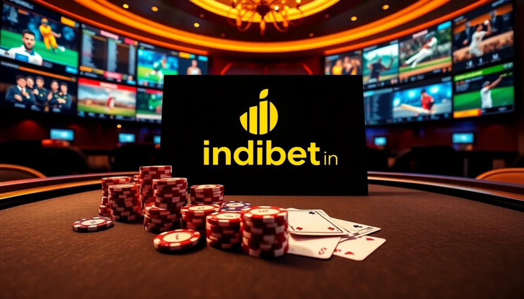 Experience thrilling online gambling with indibet in a modern casino setup, featuring poker chips and sports betting screens.