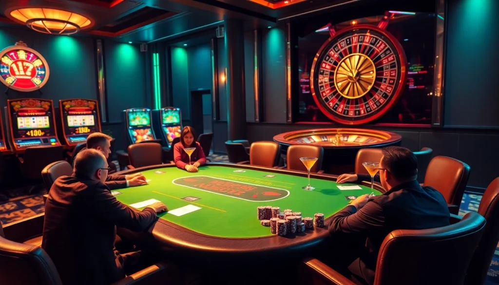 Engaging scene at nhà cái u888 casino featuring poker, roulette, and excited gamblers.