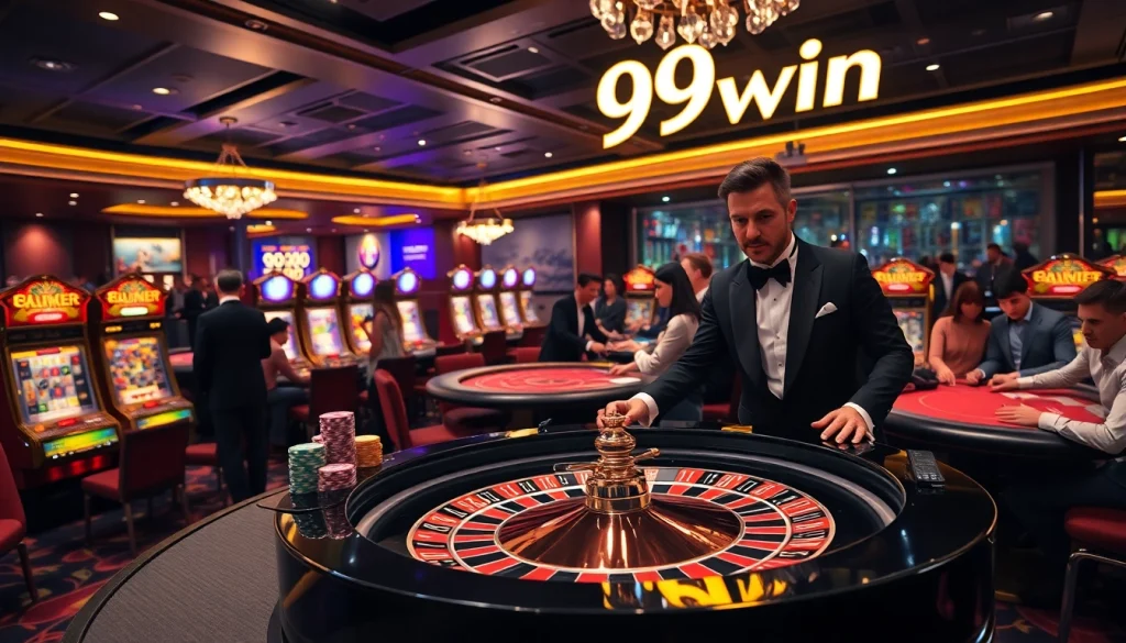 Players enjoying a thrilling game at a luxurious 99win casino with roulette and poker tables.