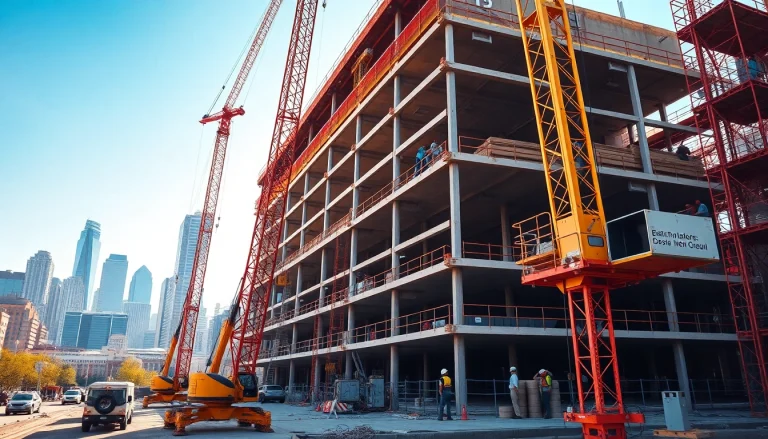 Austin construction workers collaborating on a dynamic multi-story building at a bustling job site.