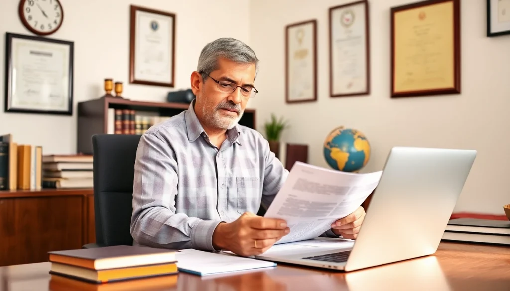 Traducteur portugais assermenté professionnel examinant des documents juridiques dans un bureau.