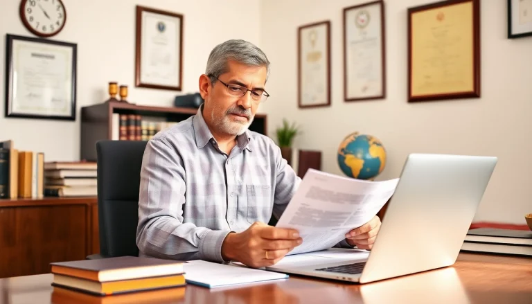Traducteur portugais assermenté professionnel examinant des documents juridiques dans un bureau.