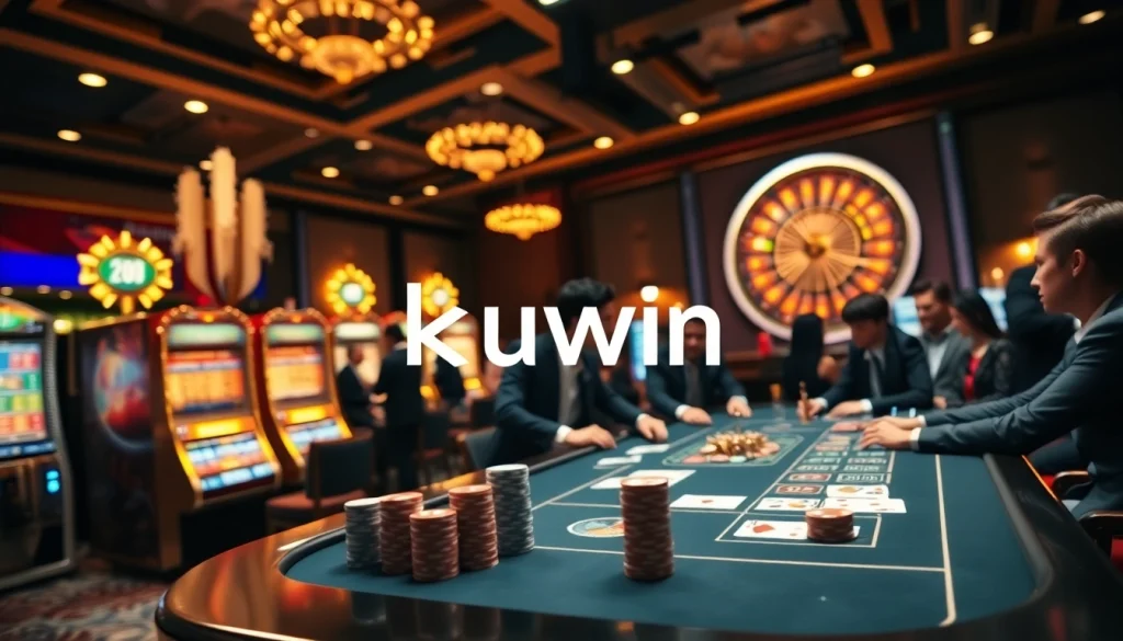 Engage in thrilling gaming experiences at kuwin's vibrant casino with poker chips and roulette.