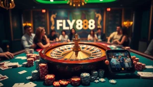 Exciting poker scene from https://fly88.legal/ showcasing vibrant casino elements and luxury.