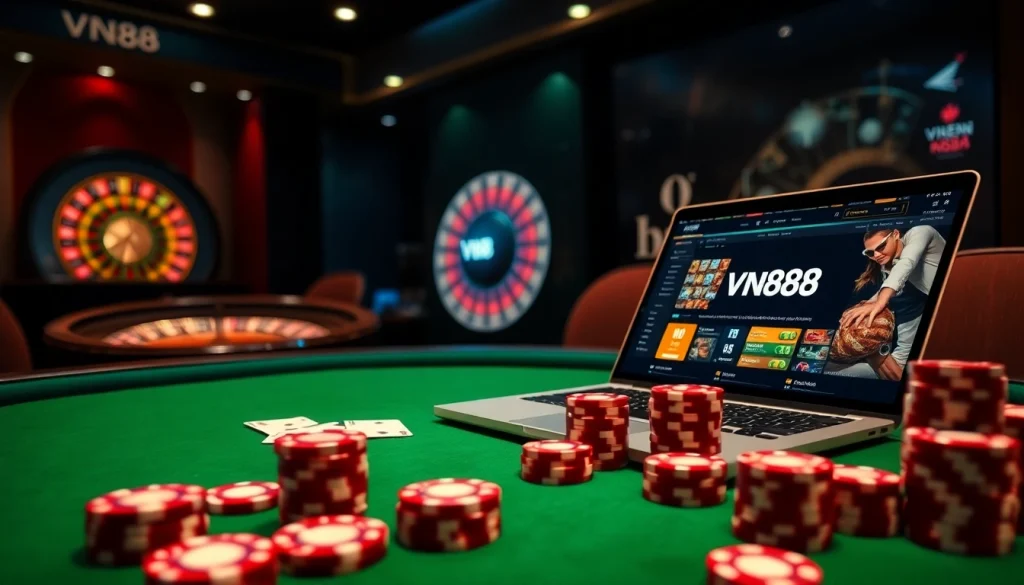 Experience thrilling gameplay at vn88's dynamic casino with poker chips and glowing roulette.