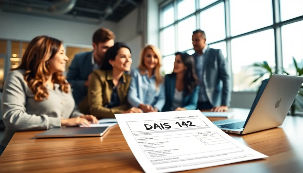 Discussing das 142 form in a modern office environment with contractors collaborating.