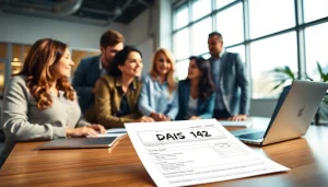 Discussing das 142 form in a modern office environment with contractors collaborating.