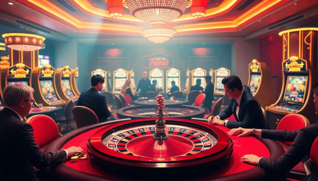 Engaging gambling scene showcasing a roulette wheel and poker players, inspired by https://www.6rwin55.com/.