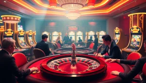 Engaging gambling scene showcasing a roulette wheel and poker players, inspired by https://www.6rwin55.com/.