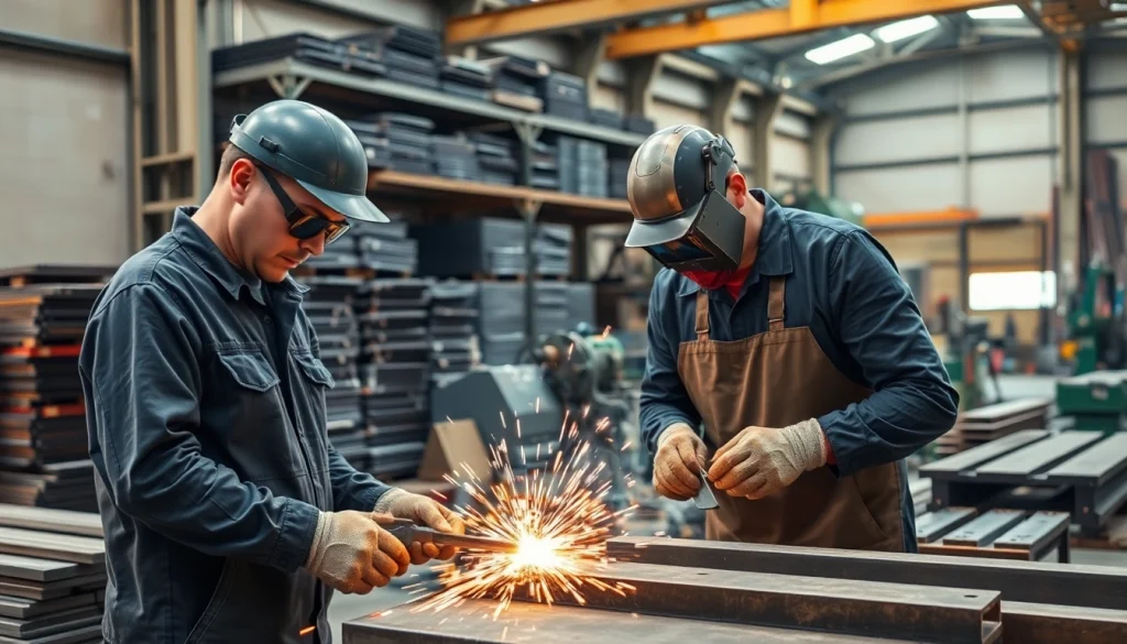 Find expert steel fabricators near me working on metal components in an industrial workshop.