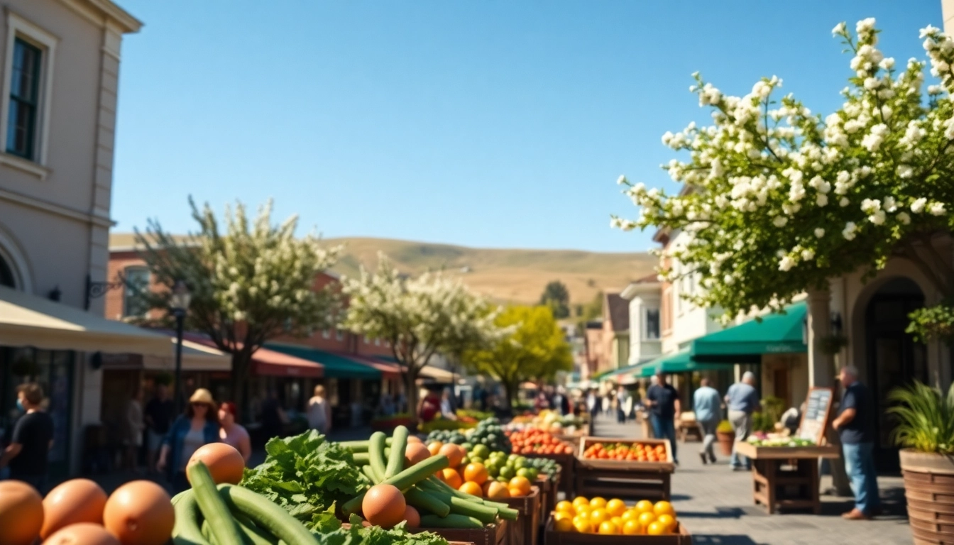 Clarksburg farmers' market bustling with activity and fresh produce amidst charming scenery.
