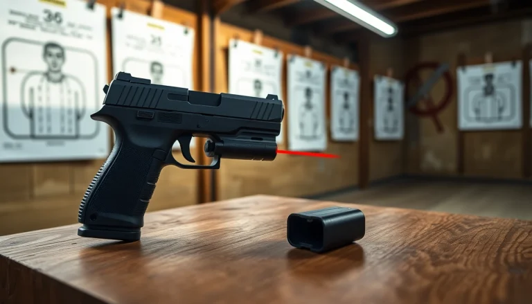 Showcase of PF940SC PF940C lazer aimed for accuracy in a shooting range.