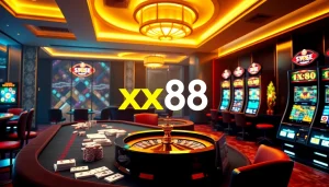 Experience the thrill of online gaming at xx88 with vibrant casino visuals showing cards and roulette.
