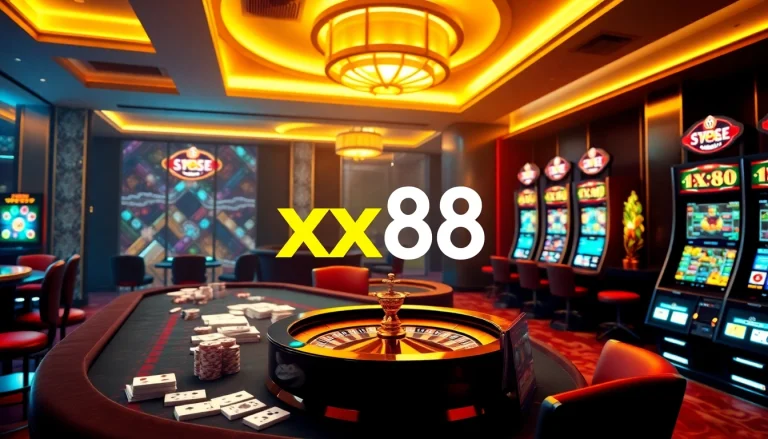 Experience the thrill of online gaming at xx88 with vibrant casino visuals showing cards and roulette.