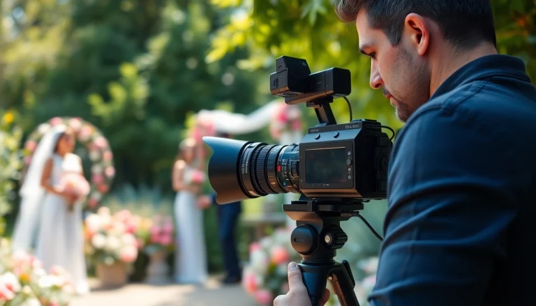 Videographer recording a wedding ceremony in a beautiful garden setting, showcasing professional artistry.