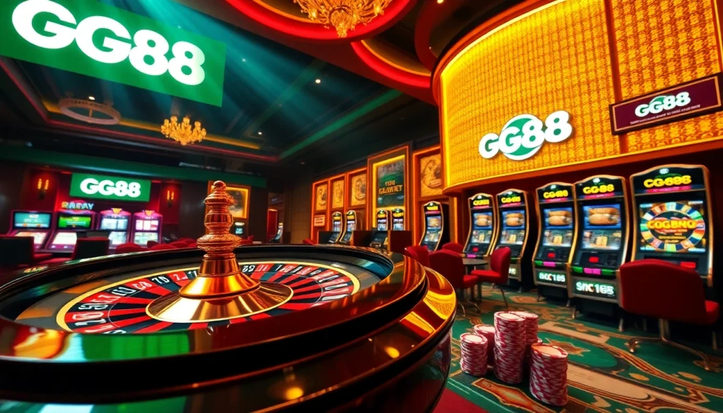 Experience the excitement of GG88 with vibrant gambling visuals of roulette and poker.