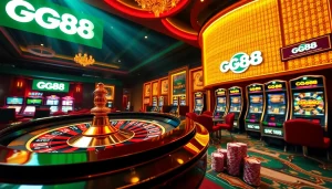 Experience the excitement of GG88 with vibrant gambling visuals of roulette and poker.